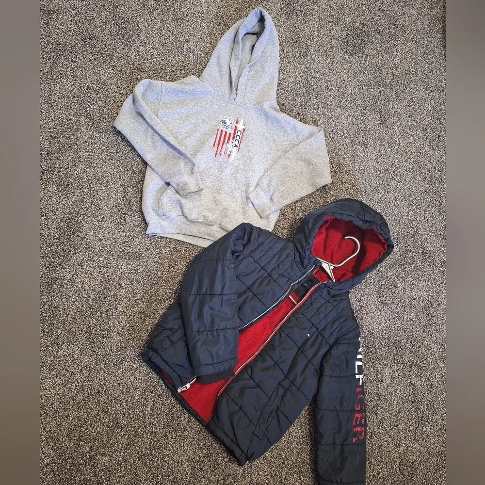 Tommy Hilfiger Kids' Black and Red Hooded Jacket and one more sweater Size 7